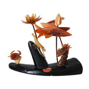 Vintage Handcrafted Chinese Baishi Carved Horn Shrimp Crab Lotus Fish Sculpture